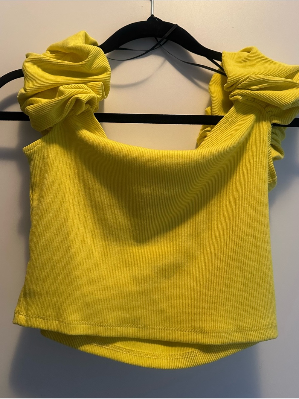 H&M Bright Yellow Ruffle-Shoulder Ribbed Crop Tank